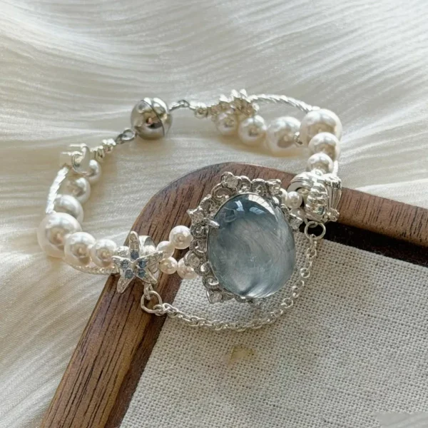French Sparkling Blue Pearl Magnetic Double Layer Bracelet For Women Gentle And Sweet Handmade Fashion Exquisite Versatile Gifts
